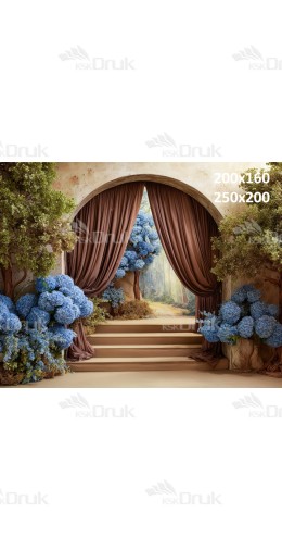 Tło fotograficzne „Leśna arkada z niebieskimi hortensjami” | E_791